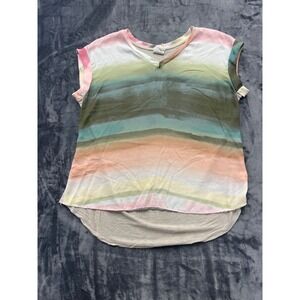 Tru Self Mixed Media V-Neck Top Womens L Multicolor Watercolor Abstract Stripe